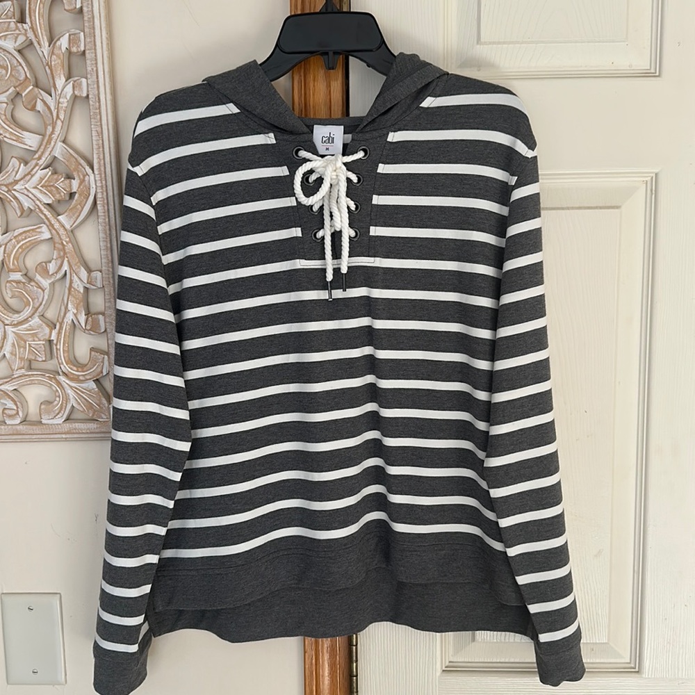 Cabi Gray/White Striped Lace Up Hoodie. Size Medium.